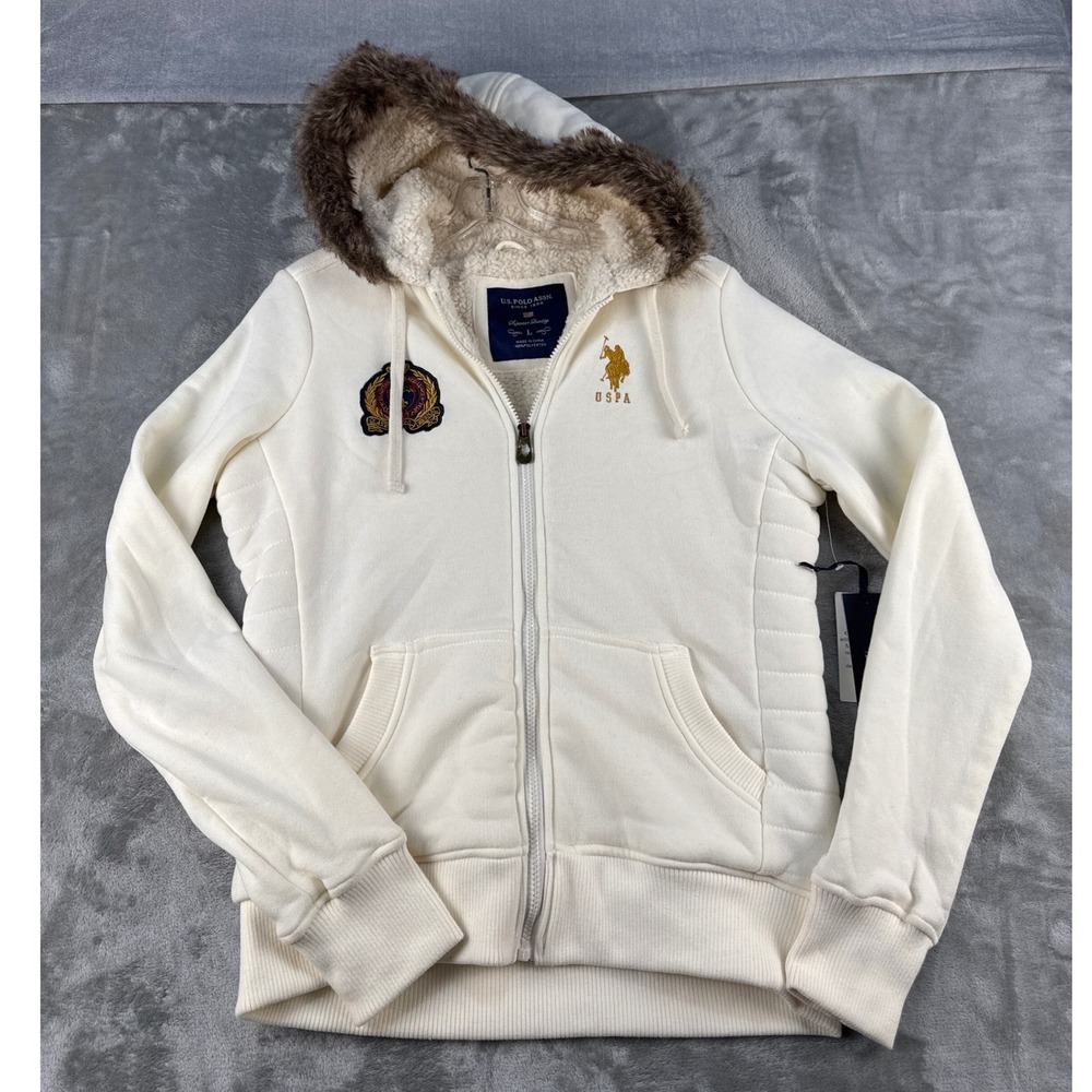 U.S. Polo Assn. Hoodie Womens L Full-Zip Cream Sherpa Faux Fur Logo NEW
